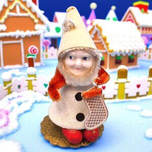 Vintage 1950s Putz Elf Ornament Red Chenille Foil Stocking Mica Accents Japan